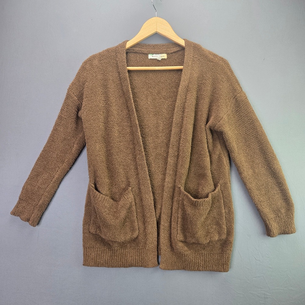 Hazel Moon Cardigan Sweater Open Front XS Brown Fuzzy Popcorn Knit Pockets Cozy